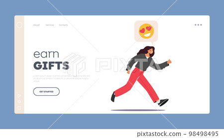 Earn Gifts Landing Page Template. Young Woman Girl Run with Yellow Heart Eyed Smile above Head Vector Illustration 98498495