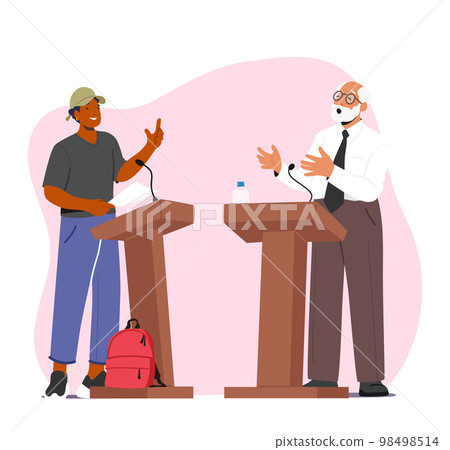 Debates Concept. Dialogue Between Young and Senior Men Behind The Podium. Political Election, Voting Speech Debates Concept. Dialogue Between Young and Senior Men Behind The Podium. Political Election, Voting Speech 98498514