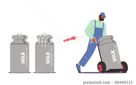 Loader Male Character Push Trolley with Milk Cistern or Canister Isolated on White Background. Man Worker Loader Male Character Push Trolley with Milk Cistern or Canister Isolated on White Background. Man Worker 98498515