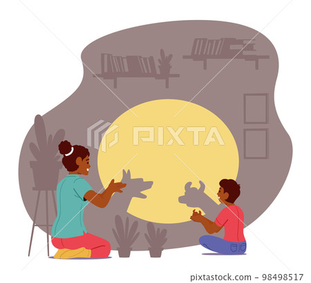 Family Characters Mom and Little Son Having Fun with Home Shadow Theater. Parent and Child Showing Fairy Tale on Screen 98498517