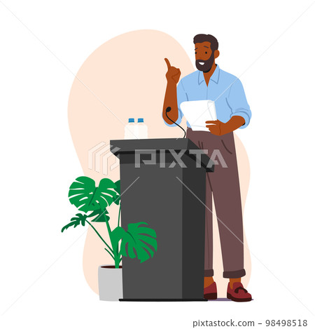 African Speaker Male Character Reporting or Announcing on Rostrum during Press Conference, Debates or Briefing 98498518
