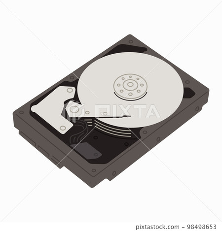 Open hard disk drive in top angle view 98498653