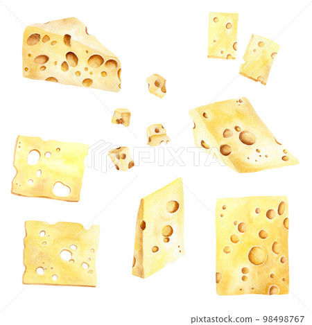 Set of yellow cheese with holes. Watercolor illustration isolated on white background Set of yellow cheese with holes. Watercolor illustration isolated on white background 98498767