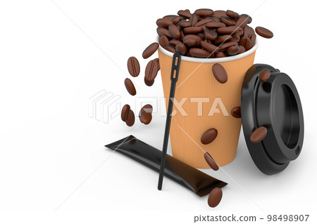 Paper coffee cup with cover, sugar, coffee bean and stick for americano espresso 98498907