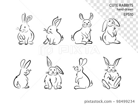 Funny fluffy rabbits, hand drawn image set 98499234