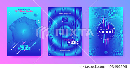 Abstract Dance Poster. Electro Sound Flyer. Techno Music Cover. Vector Edm Background. Futuristic Dance Posters. Technology Festiv Banner. Gradient Distort Lines. Dance Posters Set. 98499396