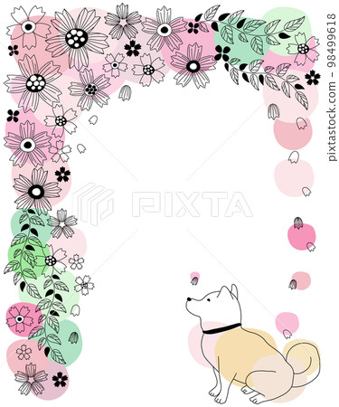 Scandinavian style cherry blossoms and cute hand-drawn frame of Shiba Inu 98499618