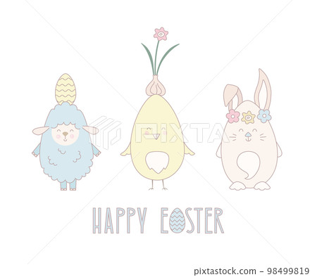 Cute easter animals baby funny vector illustration. Chick, bunny, lamb at pastel color for card, banner. Cute easter animals baby funny vector illustration. Chick, bunny, lamb at pastel color for card, banner. 98499819