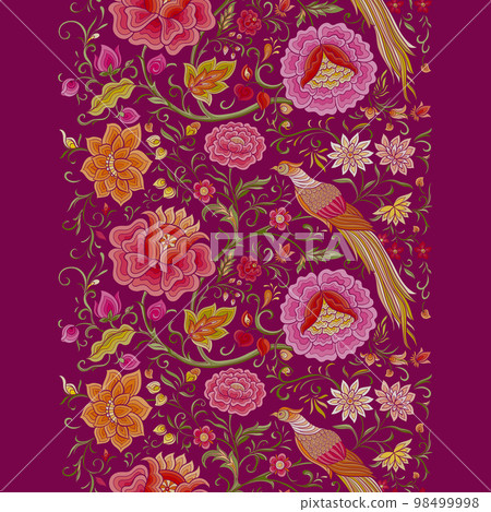 Fantasy flowers and pheasant bird in retro, vintage, chinese silk 98499998