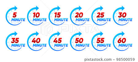 10, 15, 20, 25, 30, 35, 40, 45, 50 min. Timer, clock, stopwatch isolated set icons. Kitchen timer icon with different minutes. Cooking time symbols. Great design for any purposes. Vector illustration. 98500059