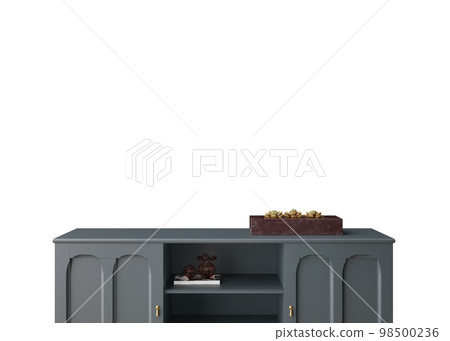 Wallpaper presentation mock up. Sideboard with home accessories isolated on white background. Copy space for wallpaper design, wall panels, photo wallpaper, print or paint. Interior mockup. 3D render. 98500236