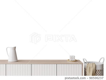 Wallpaper presentation mock up. Sideboard with home accessories isolated on white background. Copy space for wallpaper design, wall panels, photo wallpaper, print or paint. Interior mockup. 3D render. 98500237