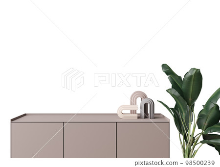 Wallpaper presentation mock up. Sideboard with home accessories isolated on white background. Copy space for wallpaper design, wall panels, photo wallpaper, print or paint. Interior mockup. 3D render. 98500239