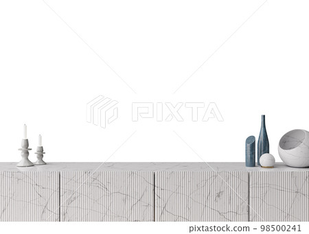 Wallpaper presentation mock up. Sideboard with home accessories isolated on white background. Copy space for wallpaper design, wall panels, photo wallpaper, print or paint. Interior mockup. 3D render. 98500241