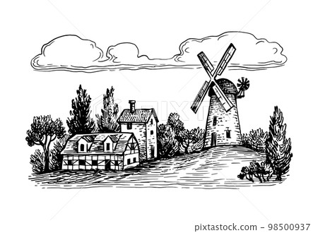 Landscape with old tower mill. Landscape with old tower mill. 98500937