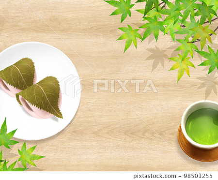Japanese style illustration set of three-color dumplings on a plate with tea on a natural wood deck - hand drawn background material 98501255