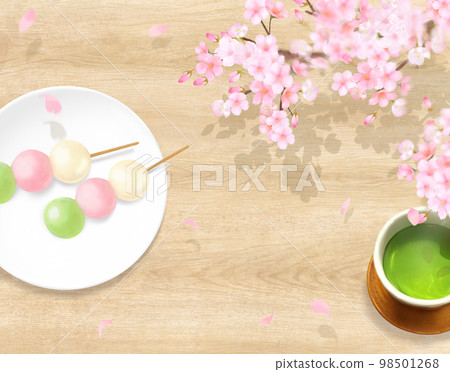 亞麻布桌布上的茶和 mitarashi dango 框架壁紙背景材料，以及櫻花木甲板上的盤子 98501268