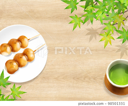 Mitarashi soy sauce dumplings on a plate with tea on a natural wood deck Japanese style illustration set - hand drawn background material 98501331