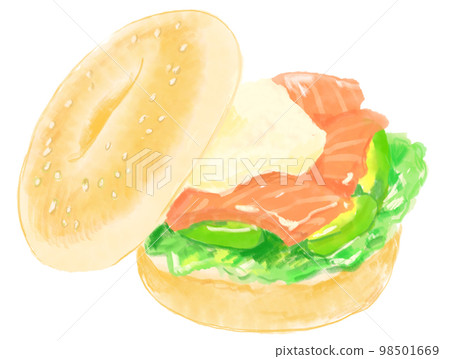 芝麻百吉餅三文魚鱷梨三明治的水彩插圖 芝麻百吉餅三文魚鱷梨三明治的水彩插圖 98501669