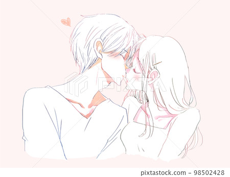 Man and woman trying to kiss line drawing Man and woman trying to kiss line drawing 98502428