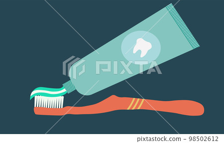 Brushing Teeth. Toothbrush and Toothpaste on dark blue background. Flat vector illustration 98502612