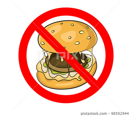 Fast food danger label. No Food Allowed Symbol. Vector illustration. Fast food danger label. No Food Allowed Symbol. Vector illustration. 98502944