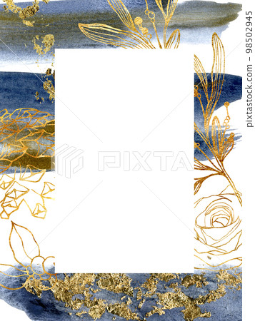 Watercolor golden abstract card for Christmas. Hand painted frame with flowers, leaves, berries and blue texture. Floral line art illustration for design, print, fabric or background. 98502945
