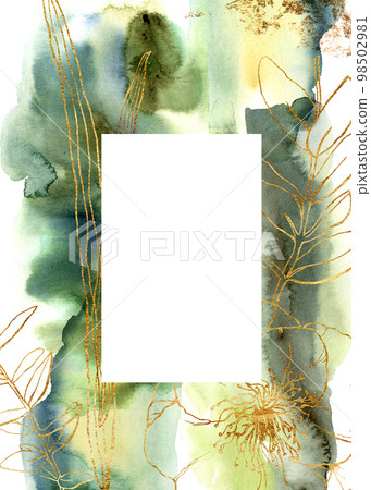 Watercolor abstract card with linear flowers. Hand painted card with golden anemones and leaves isolated on white background. Floral illustration for design, print, fabric or background. 98502981