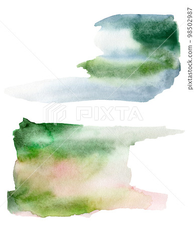 Watercolor texture with blue, pink and green spots. Hand painted beautiful illustration with spots isolated on a white background. For design, printing, fabric or background. 98502987
