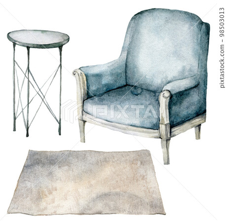 Watercolor home furniture set with armchair, table and carpet. Hand painted holiday illustration with interior objects isolated on white background for design, print or background. Christmas interior. Watercolor home furniture set with armchair, table and carpet. Hand painted holiday illustration with interior objects isolated on white background for design, print or background. Christmas interior. 98503013