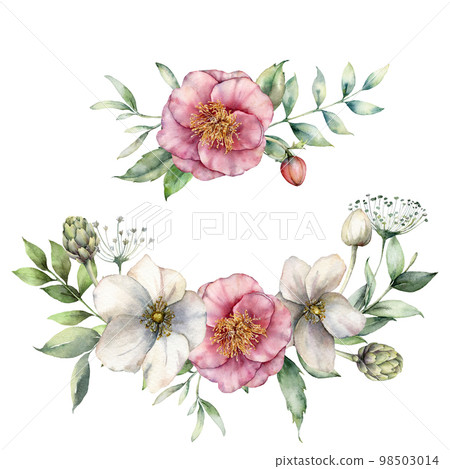 Watercolor floral set with anemones and roses. Hand painted holiday flowers, artichoke, buds and leaves isolated on a white background. Spring illustration for design, print, fabric or background. Watercolor floral set with anemones and roses. Hand painted holiday flowers, artichoke, buds and leaves isolated on a white background. Spring illustration for design, print, fabric or background. 98503014