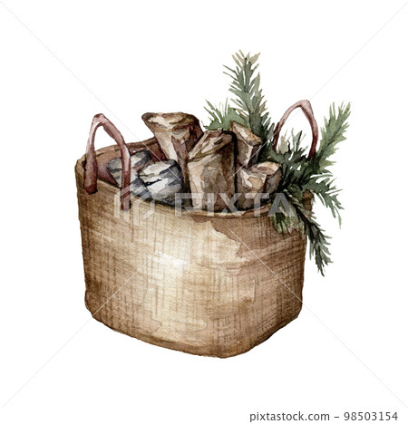 Watercolor Christmas composition with basket, fir branches and firewood. Hand painted winter card isolated on white background. Illustration for design, print, fabric or background. Watercolor Christmas composition with basket, fir branches and firewood. Hand painted winter card isolated on white background. Illustration for design, print, fabric or background. 98503154