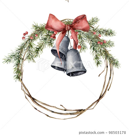 Watercolor Christmas wreath with bells, red bow, fir branches and berries. Hand painted holiday frame with plants isolated on white background. Floral illustration for design, print or background. 98503178
