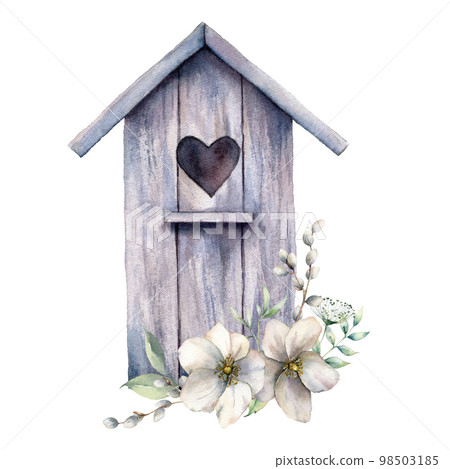 Watercolor card with bird house and bouquet of anemones. Spring illustration with flowers and willow isolated on a white background. Scene of wild nature for design, print or fabric. Easter template. 98503185
