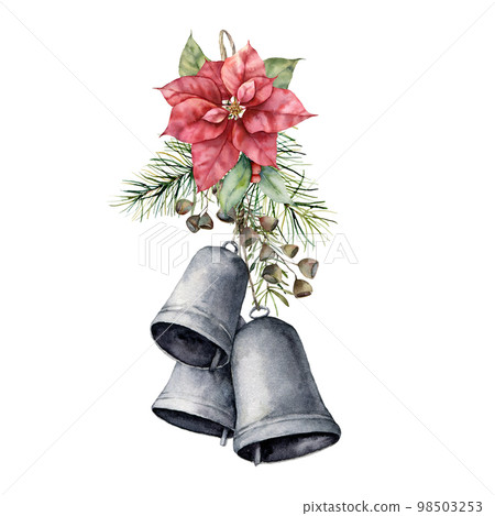 Watercolor Christmas bouquet with red poinsettia, bells and pine needle. Hand painted holiday flower, leaves and seeds isolated on white background. Illustration for design, print or background. 98503253