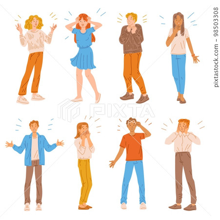 Surprised diverse people set, flat vector illustration isolated on white background. 98503308
