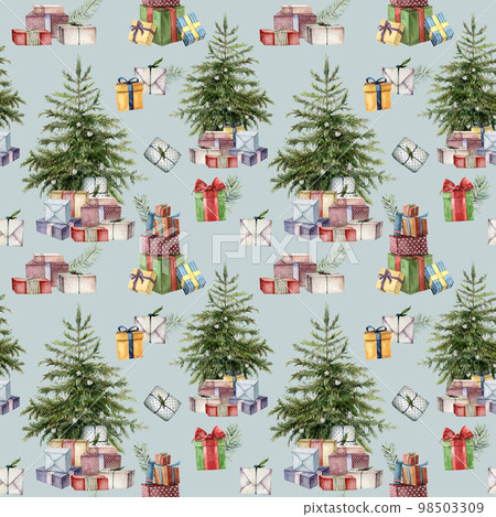Watercolor Christmas tree seamless pattern with symbols for holiday. Hand painted multicolored gift boxes with bows isolated on blue background. Illustration for design, print, fabric or background. 98503309