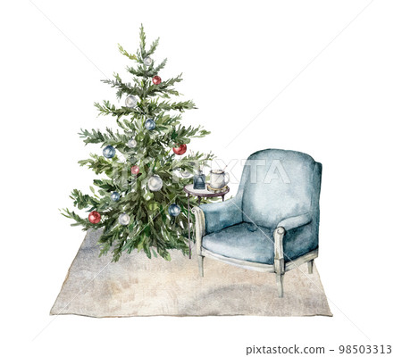 Watercolor Christmas interior with armchair, christmas tree, table and coffee. Hand painted winter holiday illustration isolated on white background. For design, print, fabric or background. 98503313