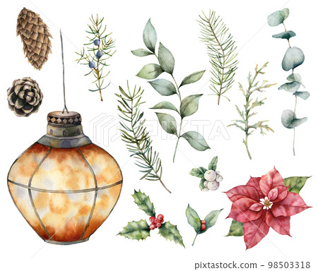 Watercolor floral Christmas set. Hand painted holiday mistletoe, holly, poinsettia, lantern and pine cone isolated on white background. Winter illustration for design, print, fabric or background. 98503318
