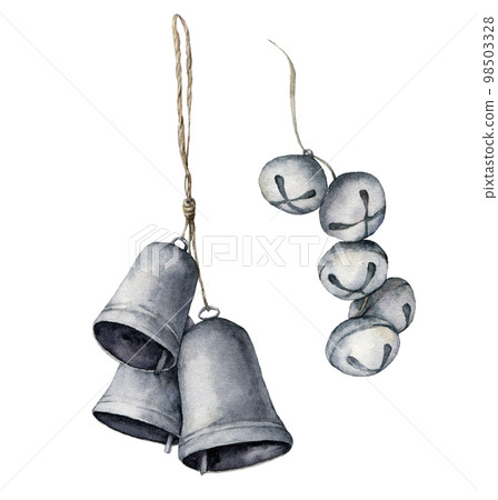 Watercolor Christmas bells set. Hand painted silver bells and bells garland isolated on white background. Collection of New Year decor. Holiday illustration for design, print, fabric or background. 98503328
