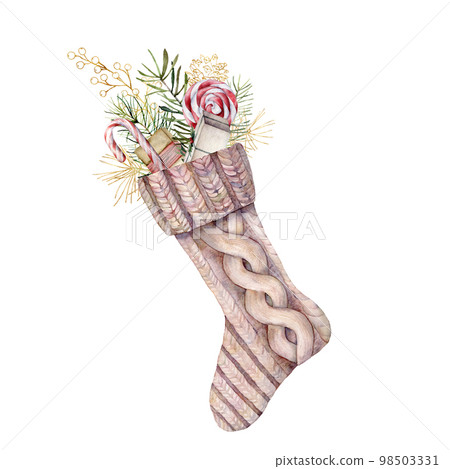 Watercolor Christmas golden sock with floral decor. Hand painted holiday symbols, fir branches, berries and lollipop isolated on white background. Illustration for design, print, fabric or background. 98503331