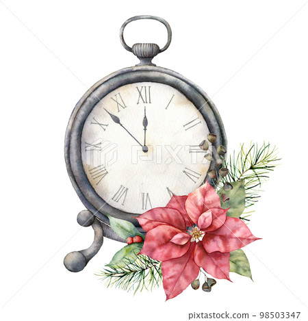 Watercolor vintage table clock with poinsettia. Christmas illustration with vintage watch isolated on white background. Five minutes to twelve o'clock of new year. For design, print or background. Watercolor vintage table clock with poinsettia. Christmas illustration with vintage watch isolated on white background. Five minutes to twelve o'clock of new year. For design, print or background. 98503347