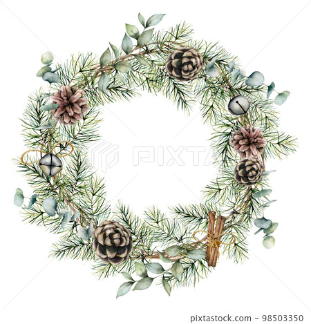 Watercolor Christmas wreath with pine cones decor. Hand painted card with bells, cinnamon, eucalyptus and pine branches isolated on white background. Floral illustration for design or print. 98503350