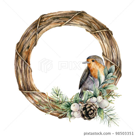 Watercolor Christmas wreath with robin and pine cones. Hand painted bird, fir branches, berries and coniferous isolated on white background. Holiday wildlife symbol for design, print or background. 98503351