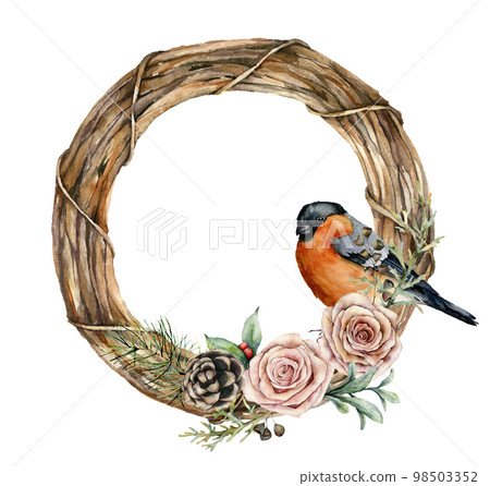 Watercolor Christmas wreath with bullfinch and roses. Hand painted eucalyptus leaves, pine cones, berries, fir branches isolated on white background. Holiday symbol for design, print or background. Watercolor Christmas wreath with bullfinch and roses. Hand painted eucalyptus leaves, pine cones, berries, fir branches isolated on white background. Holiday symbol for design, print or background. 98503352
