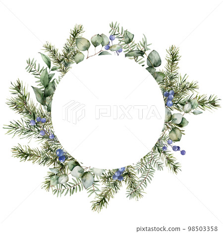 Watercolor Christmas circle frame with fir, eucalyptus branches and berries. Hand painted holiday plants isolated on white background. Floral illustration for design, print, fabric or background. Watercolor Christmas circle frame with fir, eucalyptus branches and berries. Hand painted holiday plants isolated on white background. Floral illustration for design, print, fabric or background. 98503358