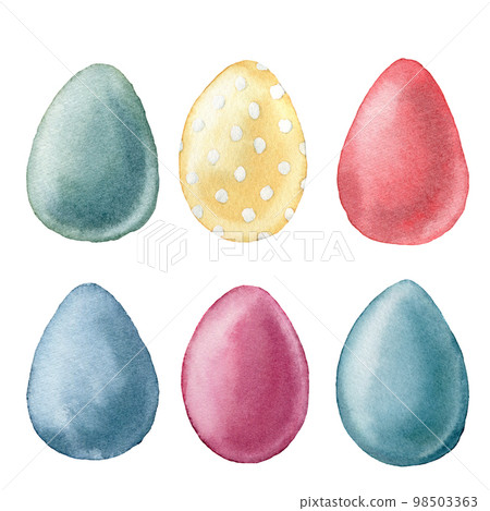 Watercolor Easter eggs set. Hand painted bright eggs with polka dot decor. Holiday illustration isolated on white background. Traditional symbols for design, print, fabric or background. 98503363
