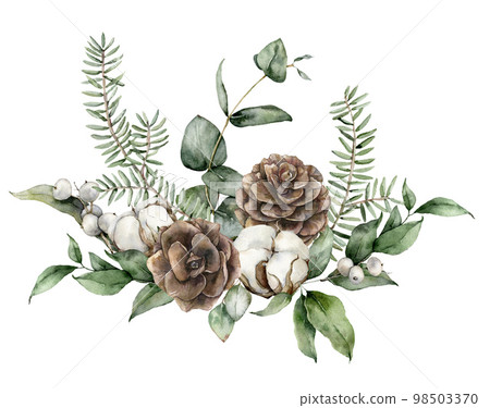 Watercolor Christmas card with pine cones, fir branches, eucalyptus leaves and cotton flowers. Hand painted holiday illustration isolated on white background. For design, print, fabric or background. Watercolor Christmas card with pine cones, fir branches, eucalyptus leaves and cotton flowers. Hand painted holiday illustration isolated on white background. For design, print, fabric or background. 98503370