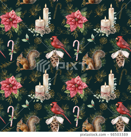 Watercolor Christmas golden seamless pattern with animal and plant. Hand painted squirrel, candles and poinsettia isolated on black background. Illustration for design, print, fabric or background. 98503389
