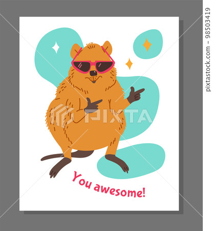 Poster or greeting card with fashionable quokka in sunglasses flat style 98503419